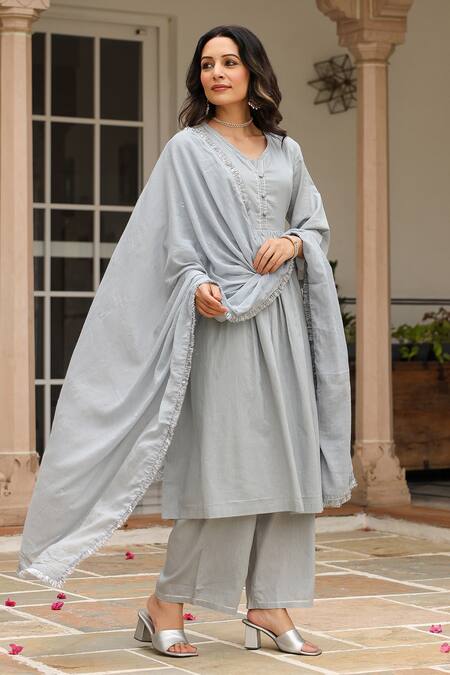 Pheeta_Grey Mulmul Embroidery Fringe Lace V-neck Gathered Solid Anarkali And Pant Set_at_Aza_Fashions