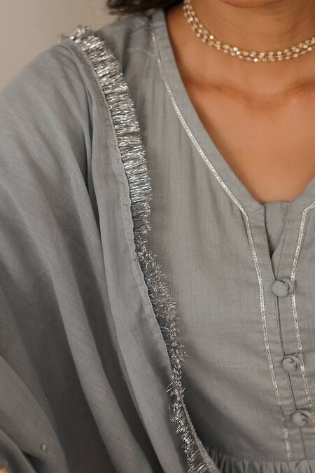 Shop_Pheeta_Grey Mulmul Embroidery Fringe Lace V-neck Gathered Solid Anarkali And Pant Set