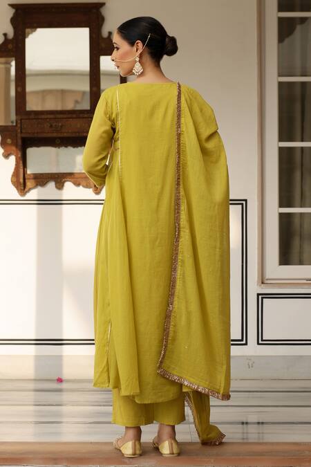 Shop_Pheeta_Yellow Mulmul Embroidery Fringe Lace Round Neck Panelled Anarkali And Pant Set_at_Aza_Fashions