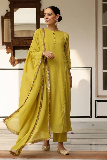 Pheeta_Yellow Mulmul Embroidery Fringe Lace Round Neck Panelled Anarkali And Pant Set_Online_at_Aza_Fashions