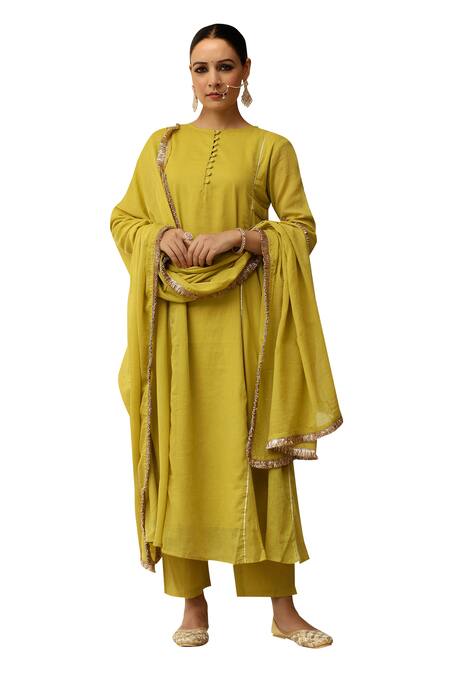 Buy_Pheeta_Yellow Mulmul Embroidery Fringe Lace Round Neck Panelled Anarkali And Pant Set_Online_at_Aza_Fashions