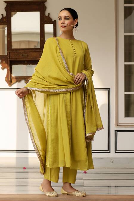 Shop_Pheeta_Yellow Mulmul Embroidery Fringe Lace Round Neck Panelled Anarkali And Pant Set_Online_at_Aza_Fashions