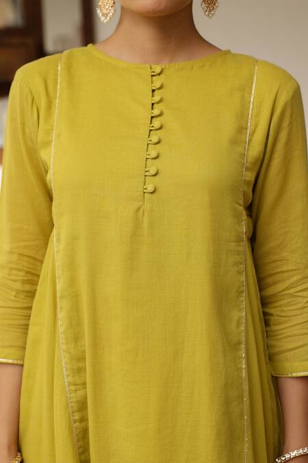 Pheeta_Yellow Mulmul Embroidery Fringe Lace Round Neck Panelled Anarkali And Pant Set_at_Aza_Fashions