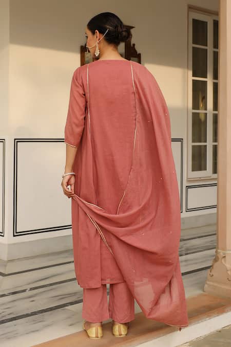 Shop Pheeta Red Mulmul Embroidery Fringe Lace Round Neck Solid Panelled Anarkali And Pant Set at Aza Fashions Shop_Pheeta_Red Mulmul Embroidery Fringe Lace Round Neck Solid Panelled Anarkali And Pant Set_at_Aza_Fashions