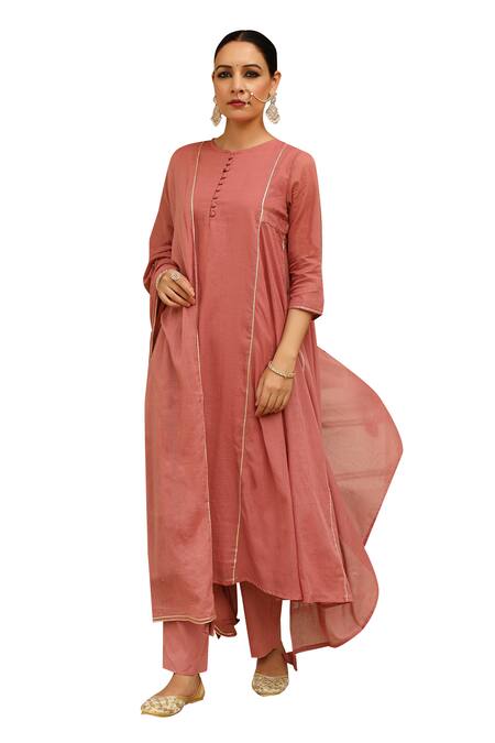 Pheeta Red Mulmul Embroidery Fringe Lace Round Neck Solid Panelled Anarkali And Pant Set Online at Aza Fashions Pheeta_Red Mulmul Embroidery Fringe Lace Round Neck Solid Panelled Anarkali And Pant Set_Online_at_Aza_Fashions