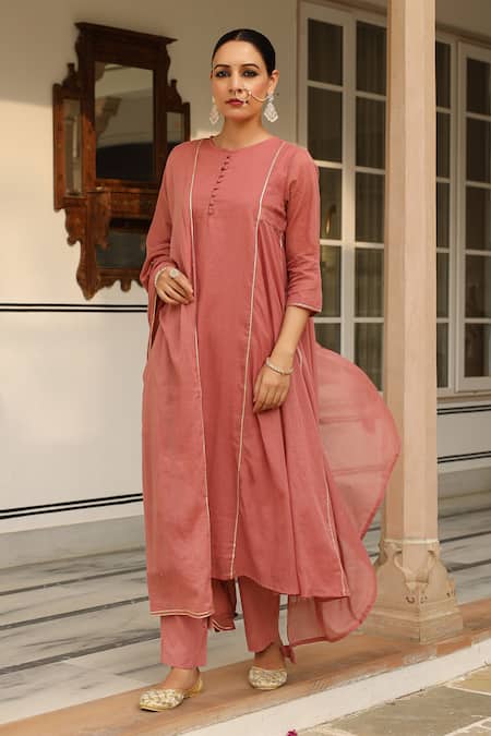 Buy Pheeta Red Mulmul Embroidery Fringe Lace Round Neck Solid Panelled Anarkali And Pant Set Online at Aza Fashions Buy_Pheeta_Red Mulmul Embroidery Fringe Lace Round Neck Solid Panelled Anarkali And Pant Set_Online_at_Aza_Fashions