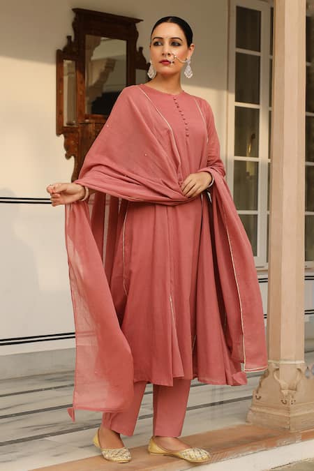 Shop Pheeta Red Mulmul Embroidery Fringe Lace Round Neck Solid Panelled Anarkali And Pant Set Online at Aza Fashions Shop_Pheeta_Red Mulmul Embroidery Fringe Lace Round Neck Solid Panelled Anarkali And Pant Set_Online_at_Aza_Fashions