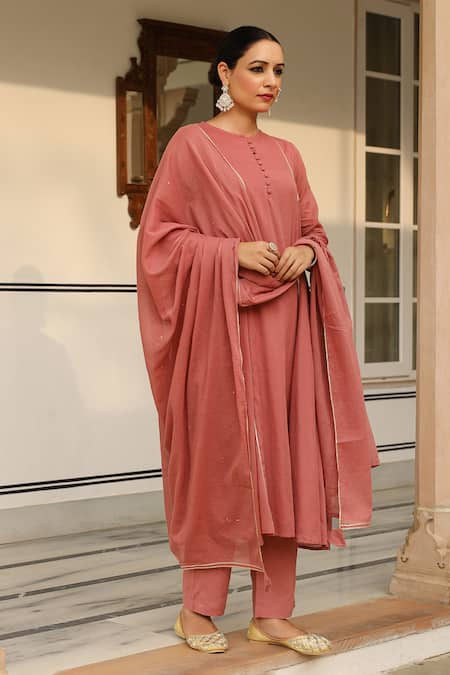 Pheeta Red Mulmul Embroidery Fringe Lace Round Neck Solid Panelled Anarkali And Pant Set at Aza Fashions Pheeta_Red Mulmul Embroidery Fringe Lace Round Neck Solid Panelled Anarkali And Pant Set_at_Aza_Fashions