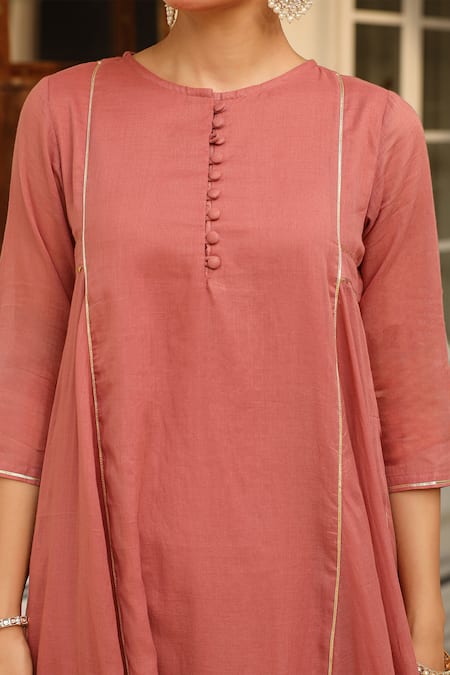 Buy Pheeta Red Mulmul Embroidery Fringe Lace Round Neck Solid Panelled Anarkali And Pant Set Buy_Pheeta_Red Mulmul Embroidery Fringe Lace Round Neck Solid Panelled Anarkali And Pant Set