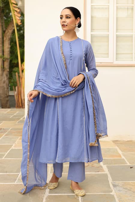 Pheeta Blue Mulmul Embroidery Fringe Lace Round Neck Sequin Anarakali And Pant Set 