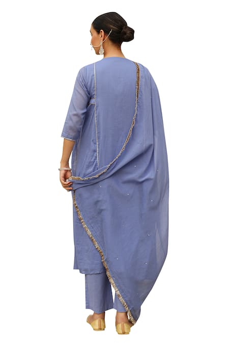 Pheeta_Blue Cotton, Muslin Sequins, Fringe Round Neck Embroidered Anarakali And Pant Set _Online_at_Aza_Fashions