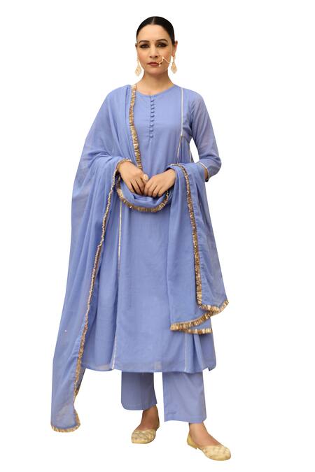 Buy_Pheeta_Blue Cotton, Muslin Sequins, Fringe Round Neck Embroidered Anarakali And Pant Set _Online_at_Aza_Fashions