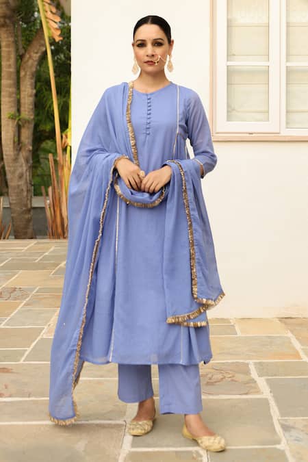 Shop_Pheeta_Blue Cotton, Muslin Sequins, Fringe Round Neck Embroidered Anarakali And Pant Set _Online_at_Aza_Fashions