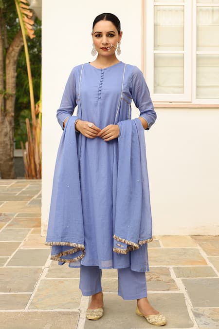 Pheeta_Blue Cotton, Muslin Sequins, Fringe Round Neck Embroidered Anarakali And Pant Set _at_Aza_Fashions