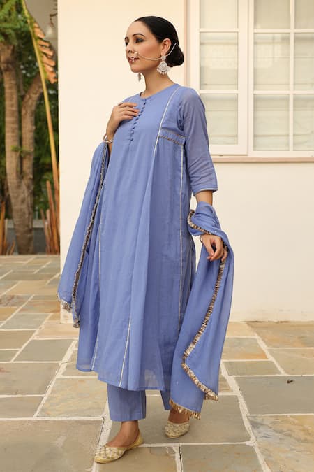 Buy_Pheeta_Blue Cotton, Muslin Sequins, Fringe Round Neck Embroidered Anarakali And Pant Set 
