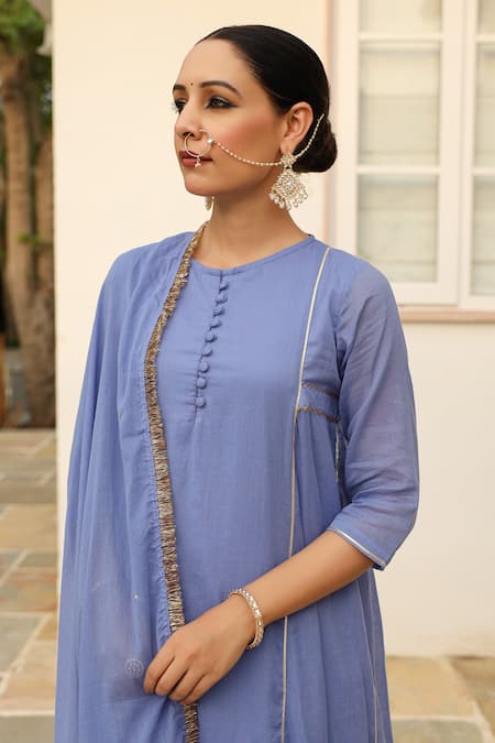 Shop_Pheeta_Blue Cotton, Muslin Sequins, Fringe Round Neck Embroidered Anarakali And Pant Set 