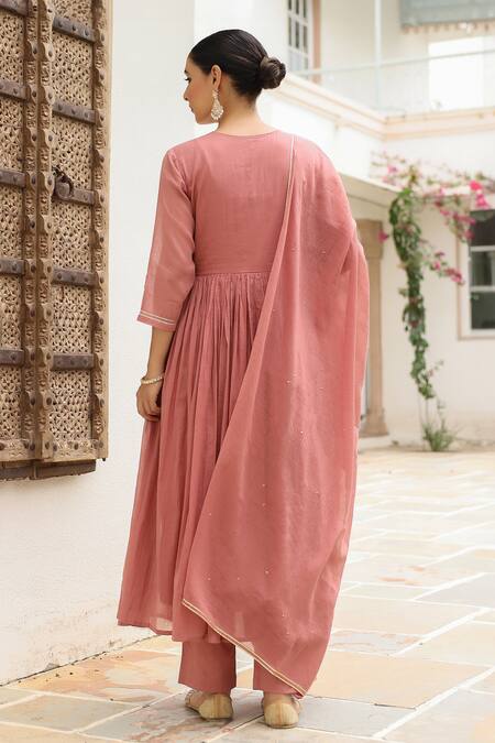 Shop Pheeta Pink Mulmul Embroidery Fringe Lace Round Neck Yoke Anarkali And Pant Set at Aza Fashions Shop_Pheeta_Pink Mulmul Embroidery Fringe Lace Round Neck Yoke Anarkali And Pant Set_at_Aza_Fashions