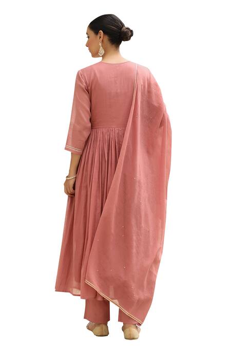 Pheeta Pink Mulmul Embroidery Fringe Lace Round Neck Yoke Anarkali And Pant Set Online at Aza Fashions Pheeta_Pink Mulmul Embroidery Fringe Lace Round Neck Yoke Anarkali And Pant Set_Online_at_Aza_Fashions