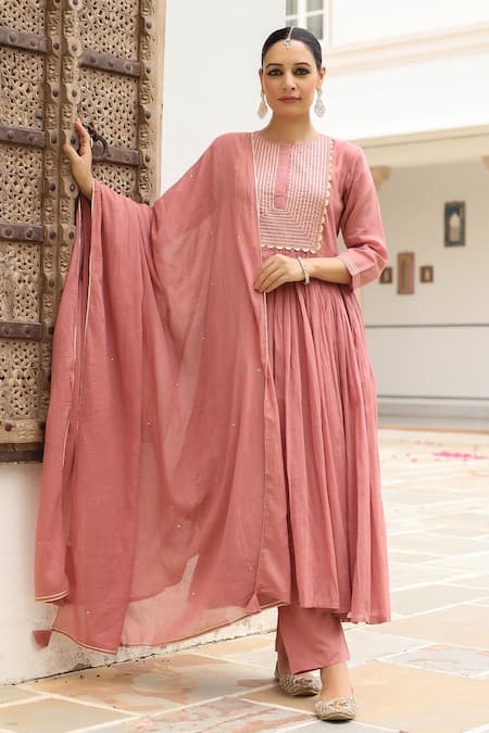 Buy Pheeta Pink Mulmul Embroidery Fringe Lace Round Neck Yoke Anarkali And Pant Set Online at Aza Fashions Buy_Pheeta_Pink Mulmul Embroidery Fringe Lace Round Neck Yoke Anarkali And Pant Set_Online_at_Aza_Fashions