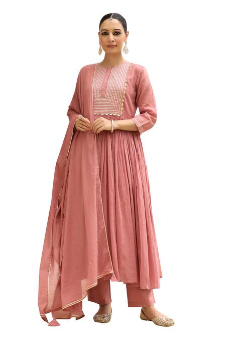 Shop Pheeta Pink Mulmul Embroidery Fringe Lace Round Neck Yoke Anarkali And Pant Set Online at Aza Fashions Shop_Pheeta_Pink Mulmul Embroidery Fringe Lace Round Neck Yoke Anarkali And Pant Set_Online_at_Aza_Fashions