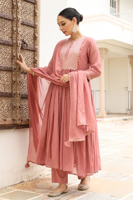 Pheeta Pink Mulmul Embroidery Fringe Lace Round Neck Yoke Anarkali And Pant Set at Aza Fashions Pheeta_Pink Mulmul Embroidery Fringe Lace Round Neck Yoke Anarkali And Pant Set_at_Aza_Fashions