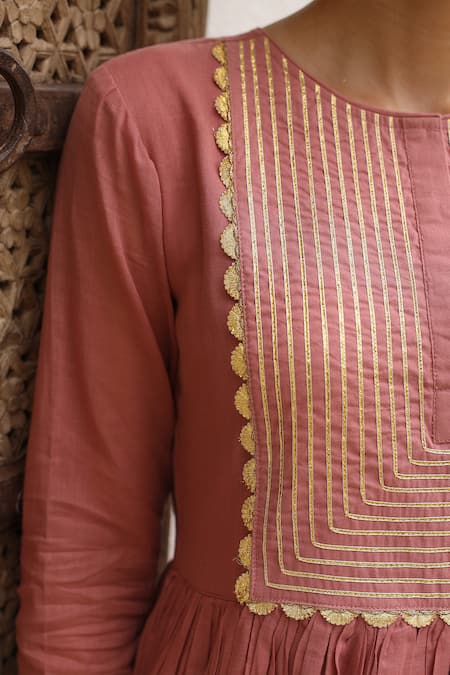 Buy Pheeta Pink Mulmul Embroidery Fringe Lace Round Neck Yoke Anarkali And Pant Set Buy_Pheeta_Pink Mulmul Embroidery Fringe Lace Round Neck Yoke Anarkali And Pant Set