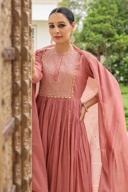 Shop Pheeta Pink Mulmul Embroidery Fringe Lace Round Neck Yoke Anarkali And Pant Set Shop_Pheeta_Pink Mulmul Embroidery Fringe Lace Round Neck Yoke Anarkali And Pant Set