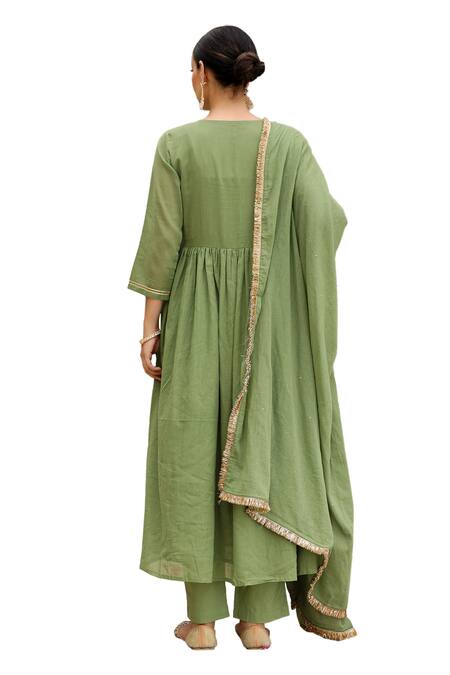 Pheeta_Green Cotton Gota Patti, Sequins, Fringe Round Embroidered Anarkali And Pant Set_Online_at_Aza_Fashions