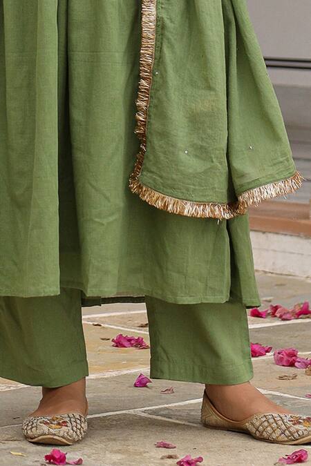 Buy_Pheeta_Green Cotton Gota Patti, Sequins, Fringe Round Embroidered Anarkali And Pant Set_Online_at_Aza_Fashions