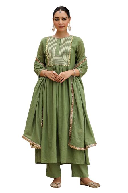 Shop_Pheeta_Green Cotton Gota Patti, Sequins, Fringe Round Embroidered Anarkali And Pant Set_Online_at_Aza_Fashions