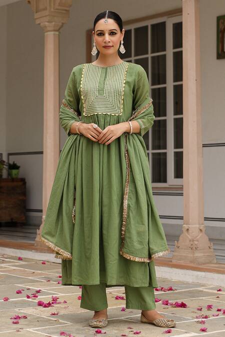 Pheeta_Green Cotton Gota Patti, Sequins, Fringe Round Embroidered Anarkali And Pant Set_at_Aza_Fashions