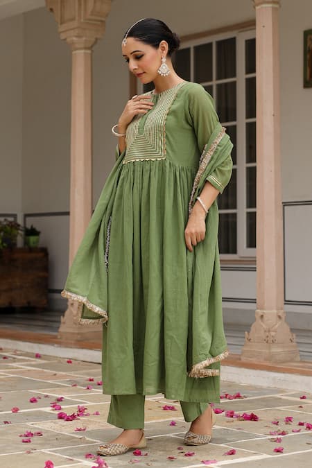 Buy_Pheeta_Green Cotton Gota Patti, Sequins, Fringe Round Embroidered Anarkali And Pant Set