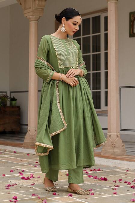 Shop_Pheeta_Green Cotton Gota Patti, Sequins, Fringe Round Embroidered Anarkali And Pant Set