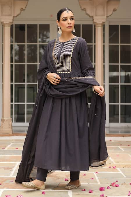 Pheeta Black Mulmul Embroidery Fringe Lace Round Neck Solid Yoke Anarkali And Pant Set 