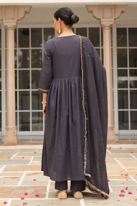 Shop Pheeta Black Mulmul Embroidery Fringe Lace Round Neck Solid Yoke Anarkali And Pant Set at Aza Fashions Shop_Pheeta_Black Mulmul Embroidery Fringe Lace Round Neck Solid Yoke Anarkali And Pant Set_at_Aza_Fashions