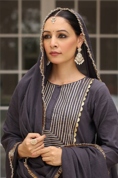 Pheeta Black Mulmul Embroidery Fringe Lace Round Neck Solid Yoke Anarkali And Pant Set Online at Aza Fashions Pheeta_Black Mulmul Embroidery Fringe Lace Round Neck Solid Yoke Anarkali And Pant Set_Online_at_Aza_Fashions