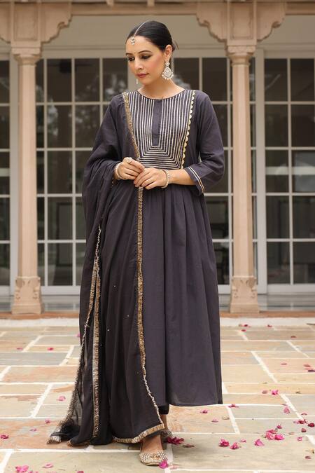 Shop Pheeta Black Mulmul Embroidery Fringe Lace Round Neck Solid Yoke Anarkali And Pant Set Online at Aza Fashions Shop_Pheeta_Black Mulmul Embroidery Fringe Lace Round Neck Solid Yoke Anarkali And Pant Set_Online_at_Aza_Fashions