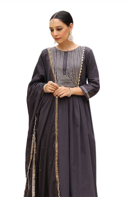 Pheeta Black Mulmul Embroidery Fringe Lace Round Neck Solid Yoke Anarkali And Pant Set at Aza Fashions Pheeta_Black Mulmul Embroidery Fringe Lace Round Neck Solid Yoke Anarkali And Pant Set_at_Aza_Fashions