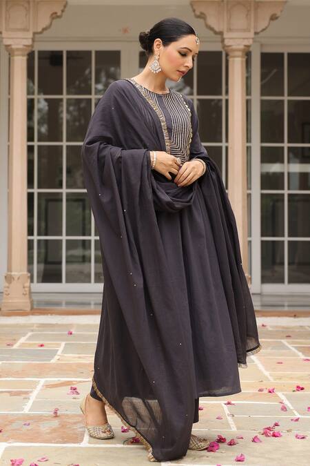 Buy Pheeta Black Mulmul Embroidery Fringe Lace Round Neck Solid Yoke Anarkali And Pant Set Buy_Pheeta_Black Mulmul Embroidery Fringe Lace Round Neck Solid Yoke Anarkali And Pant Set