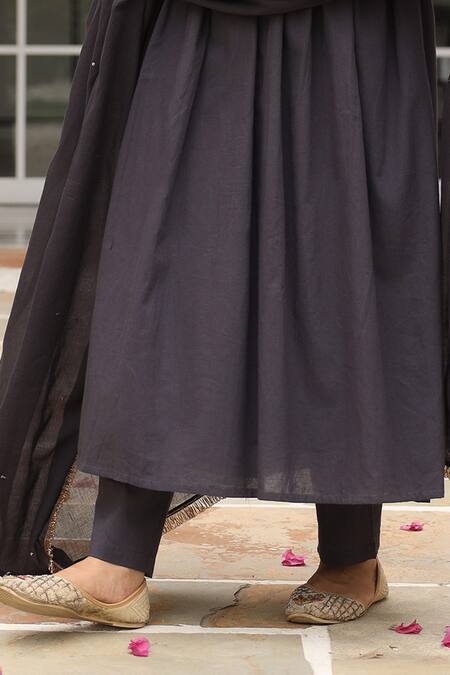 Shop Pheeta Black Mulmul Embroidery Fringe Lace Round Neck Solid Yoke Anarkali And Pant Set Shop_Pheeta_Black Mulmul Embroidery Fringe Lace Round Neck Solid Yoke Anarkali And Pant Set