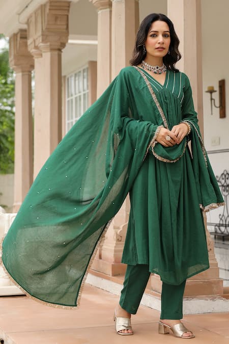 Pheeta Green Mulmul Embroidery Fringe Lace Solid Gathered Yoke Anarkali And Pant Set 