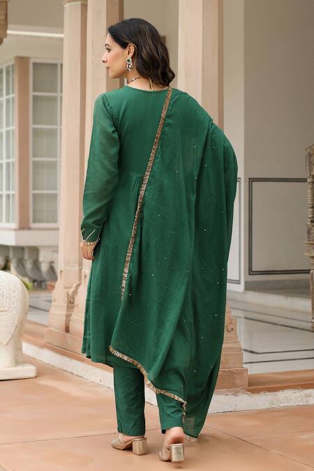 Shop Pheeta Green Mulmul Embroidery Fringe Lace Solid Gathered Yoke Anarkali And Pant Set at Aza Fashions Shop_Pheeta_Green Mulmul Embroidery Fringe Lace Solid Gathered Yoke Anarkali And Pant Set_at_Aza_Fashions