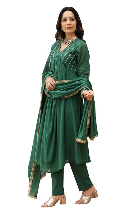 Buy Pheeta Green Mulmul Embroidery Fringe Lace Solid Gathered Yoke Anarkali And Pant Set Online at Aza Fashions Buy_Pheeta_Green Mulmul Embroidery Fringe Lace Solid Gathered Yoke Anarkali And Pant Set_Online_at_Aza_Fashions