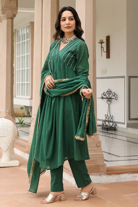 Shop Pheeta Green Mulmul Embroidery Fringe Lace Solid Gathered Yoke Anarkali And Pant Set Online at Aza Fashions Shop_Pheeta_Green Mulmul Embroidery Fringe Lace Solid Gathered Yoke Anarkali And Pant Set_Online_at_Aza_Fashions