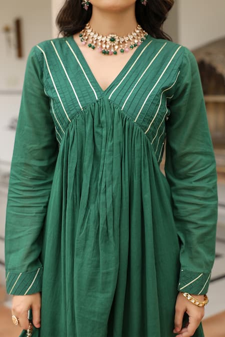 Pheeta Green Mulmul Embroidery Fringe Lace Solid Gathered Yoke Anarkali And Pant Set at Aza Fashions Pheeta_Green Mulmul Embroidery Fringe Lace Solid Gathered Yoke Anarkali And Pant Set_at_Aza_Fashions