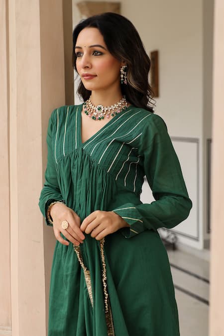 Shop Pheeta Green Mulmul Embroidery Fringe Lace Solid Gathered Yoke Anarkali And Pant Set Shop_Pheeta_Green Mulmul Embroidery Fringe Lace Solid Gathered Yoke Anarkali And Pant Set