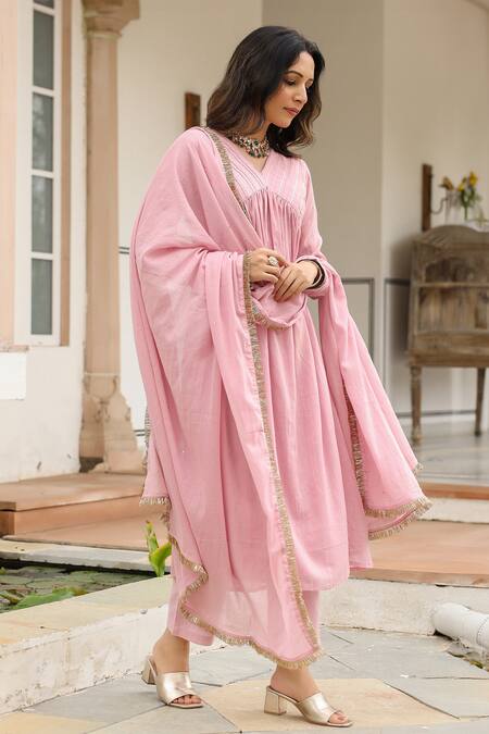 Shop_Pheeta_Pink Mulmul Embroidery Fringe Lace V-neck Gota Yoke Anarkali And Pant Set_at_Aza_Fashions