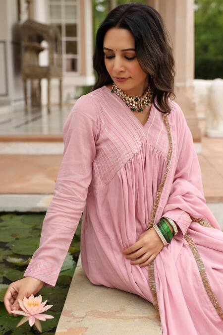 Pheeta_Pink Mulmul Embroidery Fringe Lace V-neck Gota Yoke Anarkali And Pant Set_Online_at_Aza_Fashions