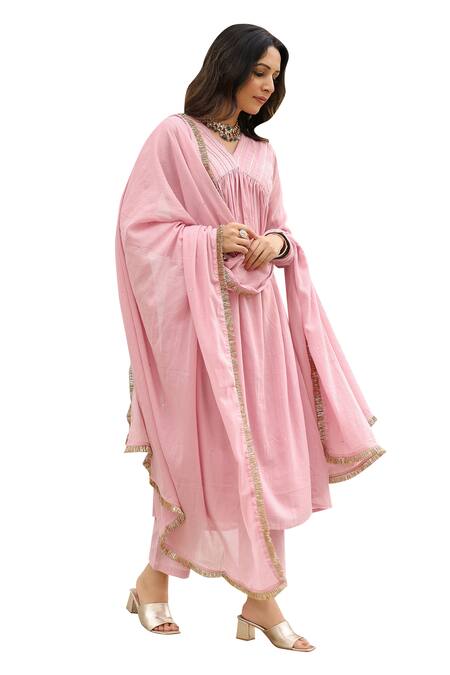 Buy_Pheeta_Pink Mulmul Embroidery Fringe Lace V-neck Gota Yoke Anarkali And Pant Set_Online_at_Aza_Fashions