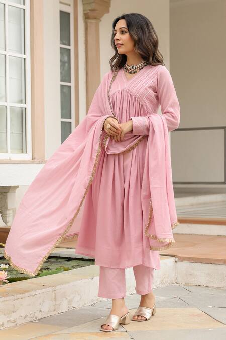 Shop_Pheeta_Pink Mulmul Embroidery Fringe Lace V-neck Gota Yoke Anarkali And Pant Set_Online_at_Aza_Fashions